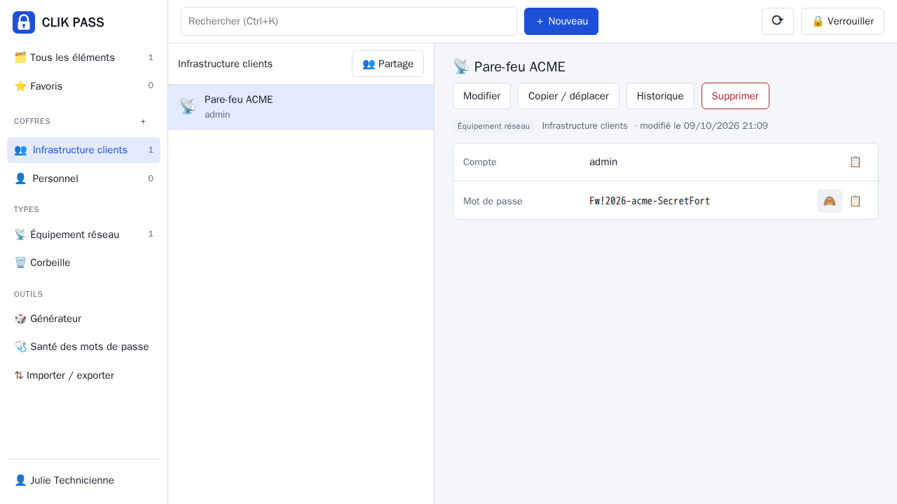 L'application CLIK PASS : un coffre partagé « Infrastructure clients » et la fiche d'un pare-feu